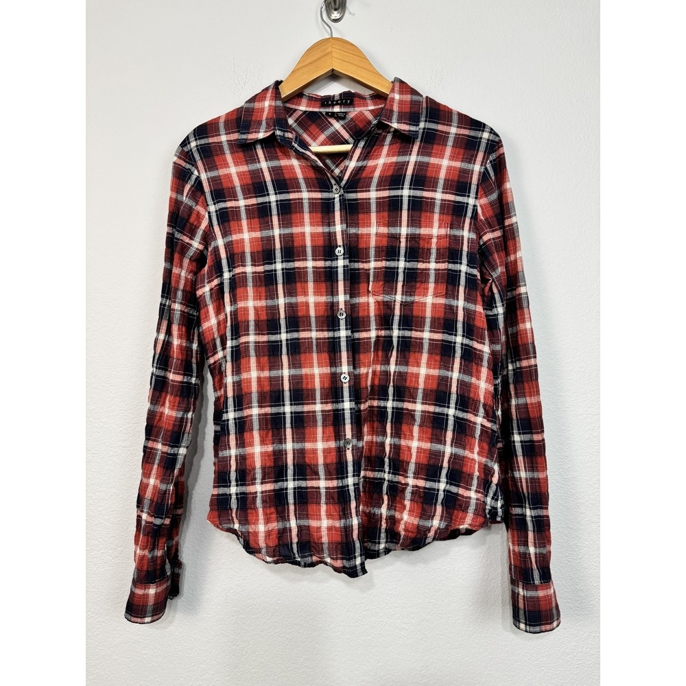 Theory Kenola Berkshire‎ Shirt Women's Small Rust Plaid Button Front Long Sleeve